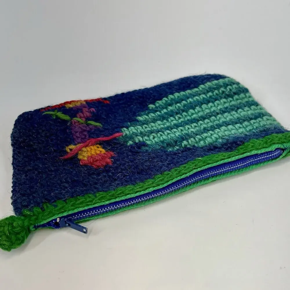Handmade Wool Crochet Bag Pouch BoHo Zip Closure Lined Cycling Skiing Blue Green